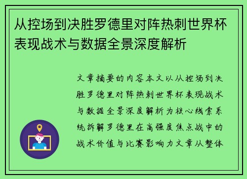 从控场到决胜罗德里对阵热刺世界杯表现战术与数据全景深度解析