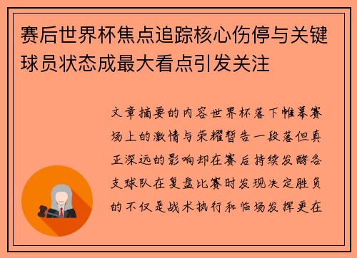 赛后世界杯焦点追踪核心伤停与关键球员状态成最大看点引发关注 赛后世界杯焦点追踪核心伤停与关键球员状态成最大看点引发关注